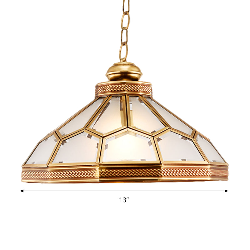 1 Head Pendant Light Traditional Bowl Frosted White Glass Suspended Lighting Fixture in Gold for Living Room