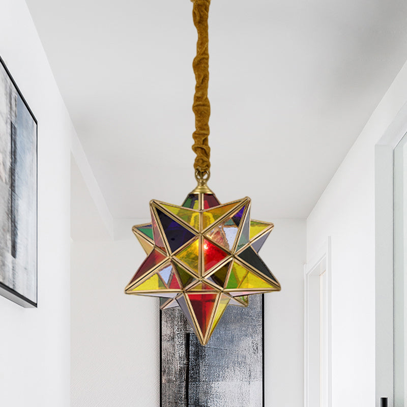 Star Shape Red Stained Glass Pendant Lighting Traditional 1 Head Dining Room Suspension Lamp