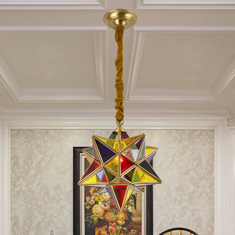 Star Shape Red Stained Glass Pendant Lighting Traditional 1 Head Dining Room Suspension Lamp