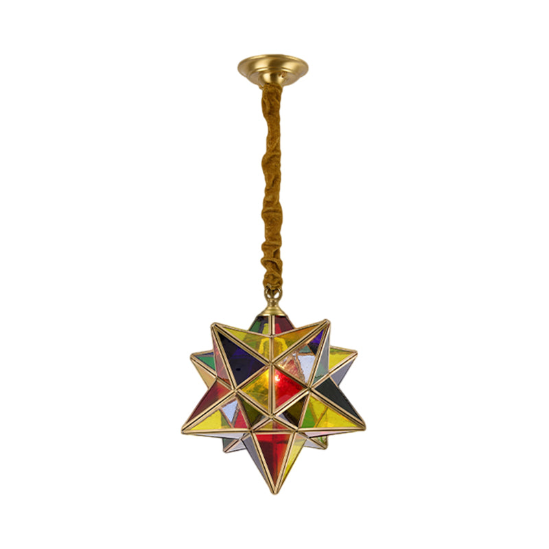 Star Shape Red Stained Glass Pendant Lighting Traditional 1 Head Dining Room Suspension Lamp