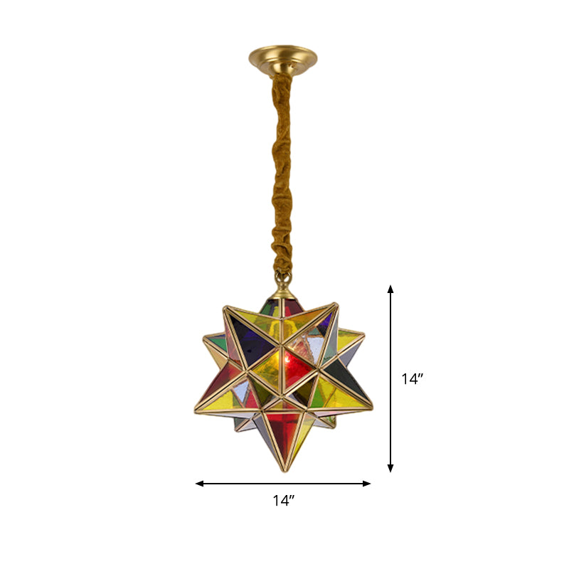 Star Shape Red Stained Glass Pendant Lighting Traditional 1 Head Dining Room Suspension Lamp