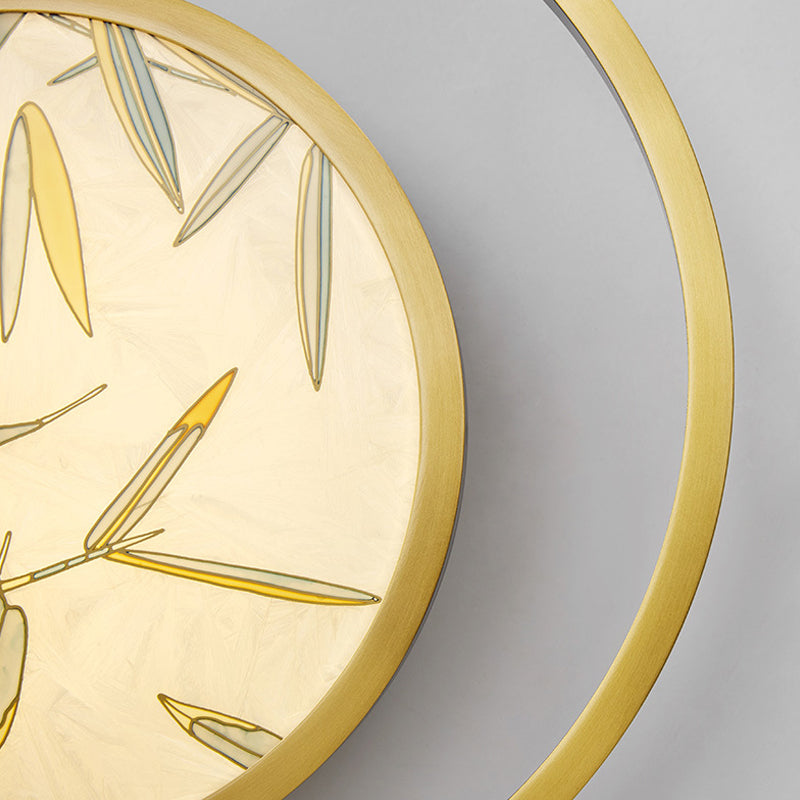 1 Light Metal Wall Mounted Light Traditional Brass Round Tea House Sconce with Leaf Pattern