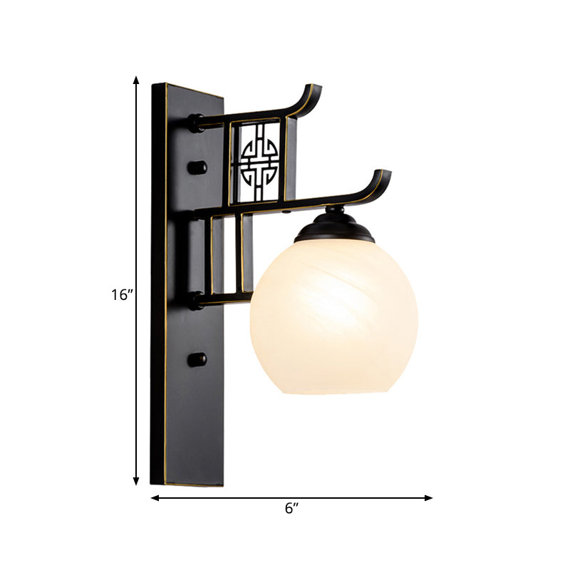 Spherical Bedside Sconce Light Fixture Classic Opal Glass 1 Light Black Wall Mounted Lamp