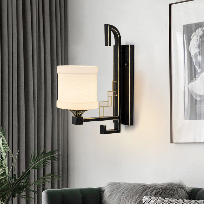 Black 1 Light Wall Mounted Light Traditional Metal Cylinder Sconce for Corridor with Fabric Shade