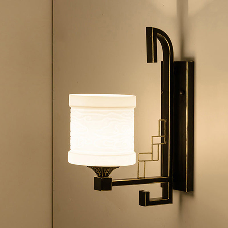 Black 1 Light Wall Mounted Light Traditional Metal Cylinder Sconce for Corridor with Fabric Shade
