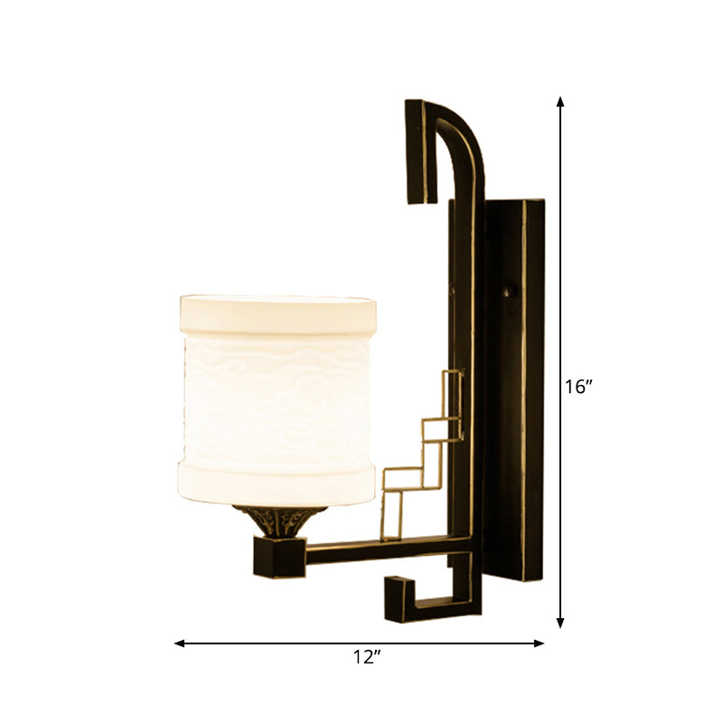 Black 1 Light Wall Mounted Light Traditional Metal Cylinder Sconce for Corridor with Fabric Shade
