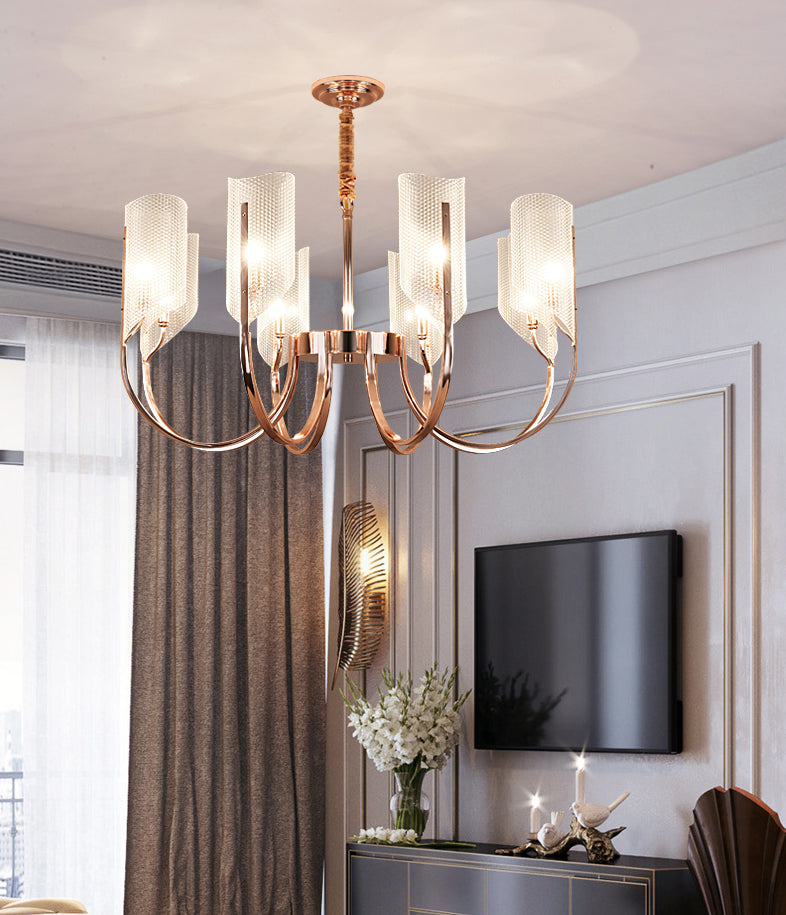 Araña de araña de estilo posmoderno de oro rosa con textura de diamante de brazo de ángulo ajuste de iluminación de sombra acrílica para sala de estar