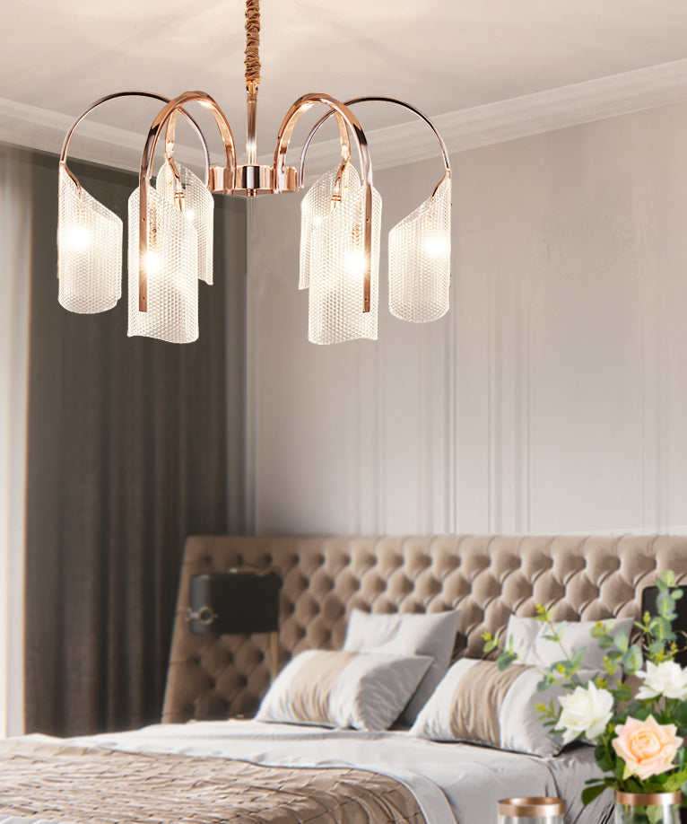 Araña de araña de estilo posmoderno de oro rosa con textura de diamante de brazo de ángulo ajuste de iluminación de sombra acrílica para sala de estar