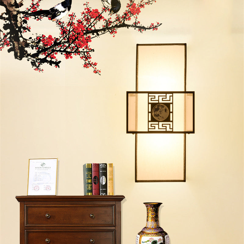 Fabric Rectangle Wall Mount Lamp Classic 1 Light Bedside Sconce Light Fixture in White with Metal Frame