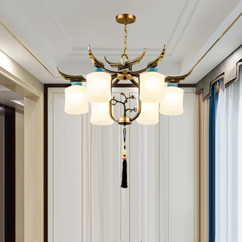 Cylinder Living Room Hanging Chandelier Traditional Style Metal 6/8/10 Lights Brass Ceiling Light with Frosted Glass Shade
