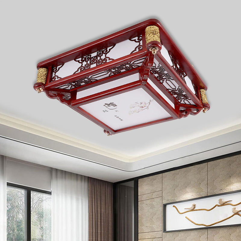 21.5"/39" Wide LED Rectangle Flush Mount Traditional Dark Red Wood Flush Light Fixture for Living Room