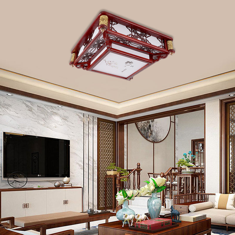 21.5"/39" Wide LED Rectangle Flush Mount Traditional Dark Red Wood Flush Light Fixture for Living Room