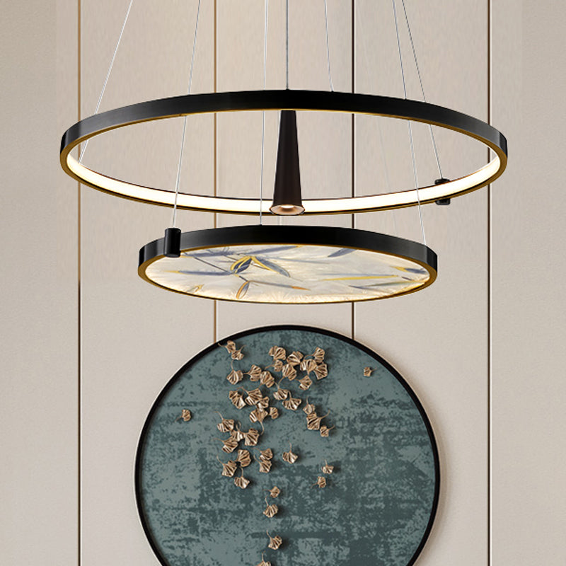 16"/23.5" Wide LED Frosted Glass Chandelier Lamp Classic Black Round Living Room Ceiling Pendant