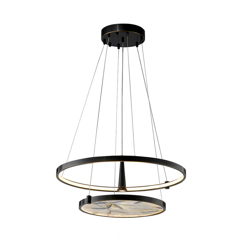 16"/23.5" Wide LED Frosted Glass Chandelier Lamp Classic Black Round Living Room Ceiling Pendant