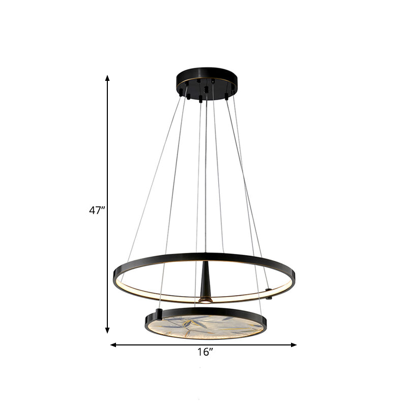 16"/23.5" Wide LED Frosted Glass Chandelier Lamp Classic Black Round Living Room Ceiling Pendant