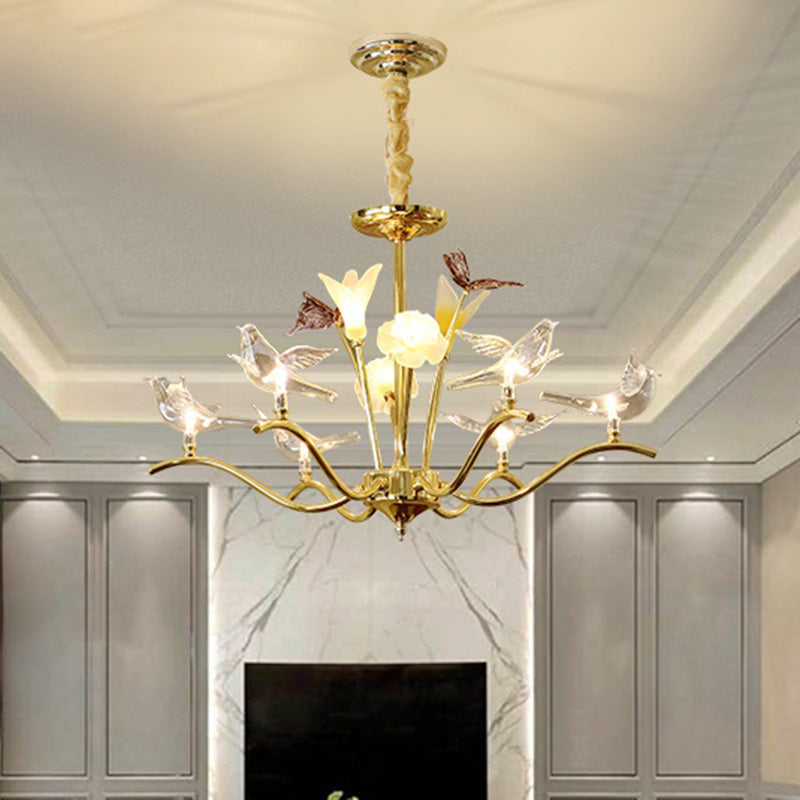 Clear Crystal Flower Hanging Light Kit Postmodern 6 Heads Living Room Ceiling Chandelier in Gold