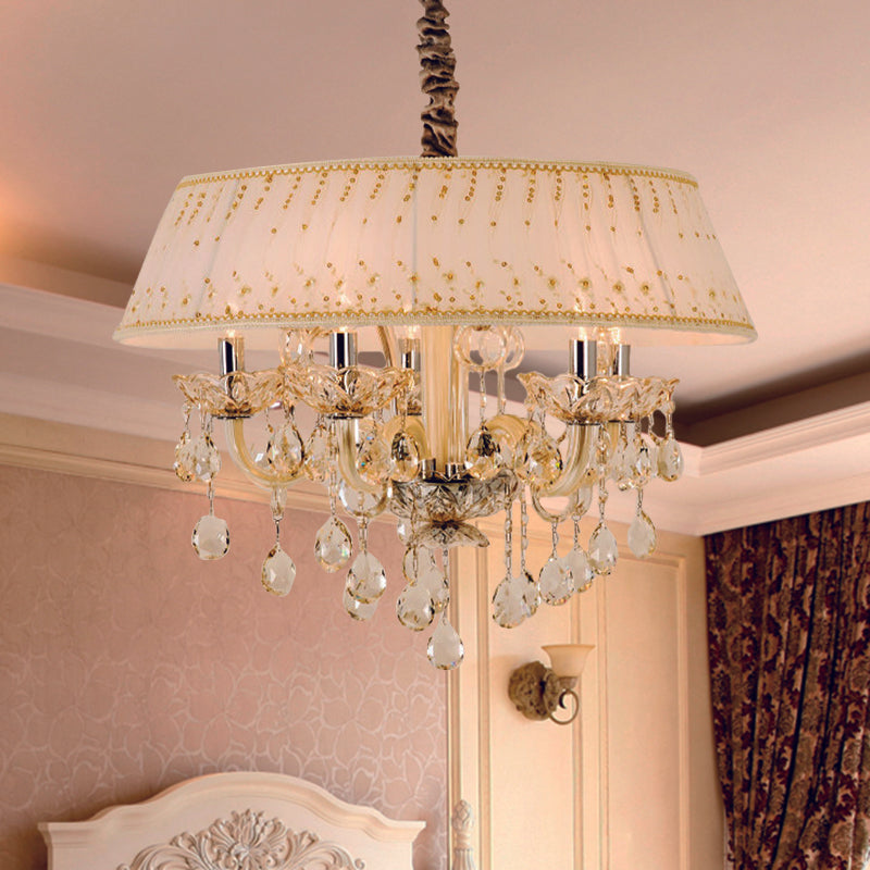 Drum Living Room Chandelier Light Contemporary Fabric 4 Heads Beige Hanging Lamp with Crystal Drop