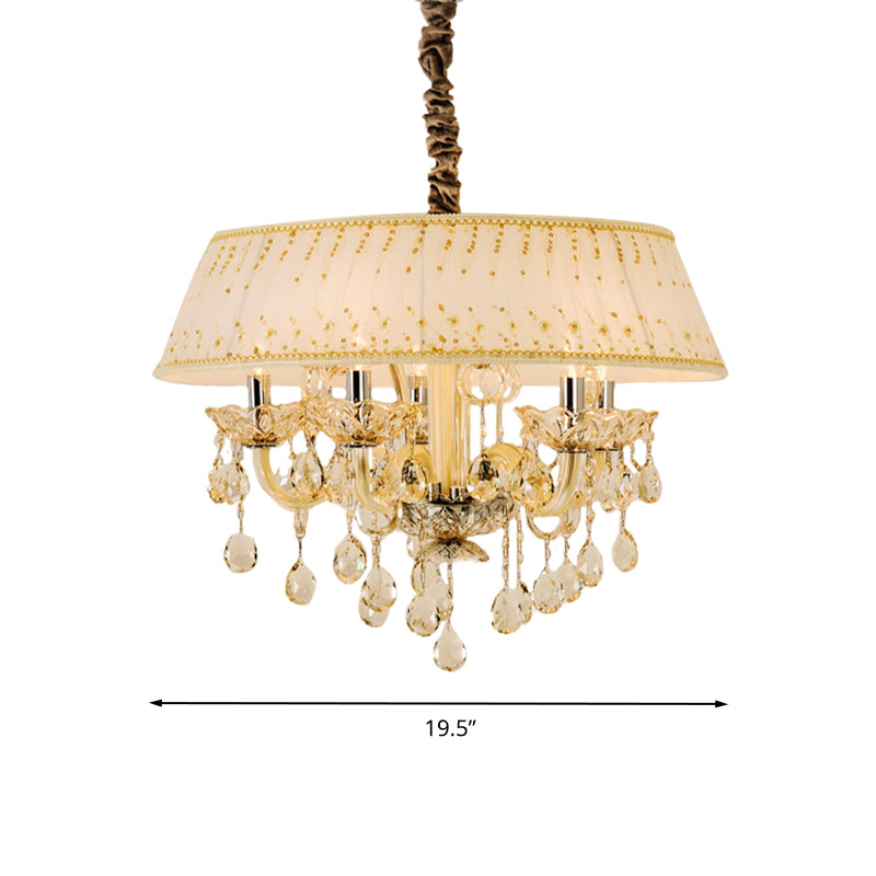 Drum Living Room Chandelier Light Contemporary Fabric 4 Heads Beige Hanging Lamp with Crystal Drop