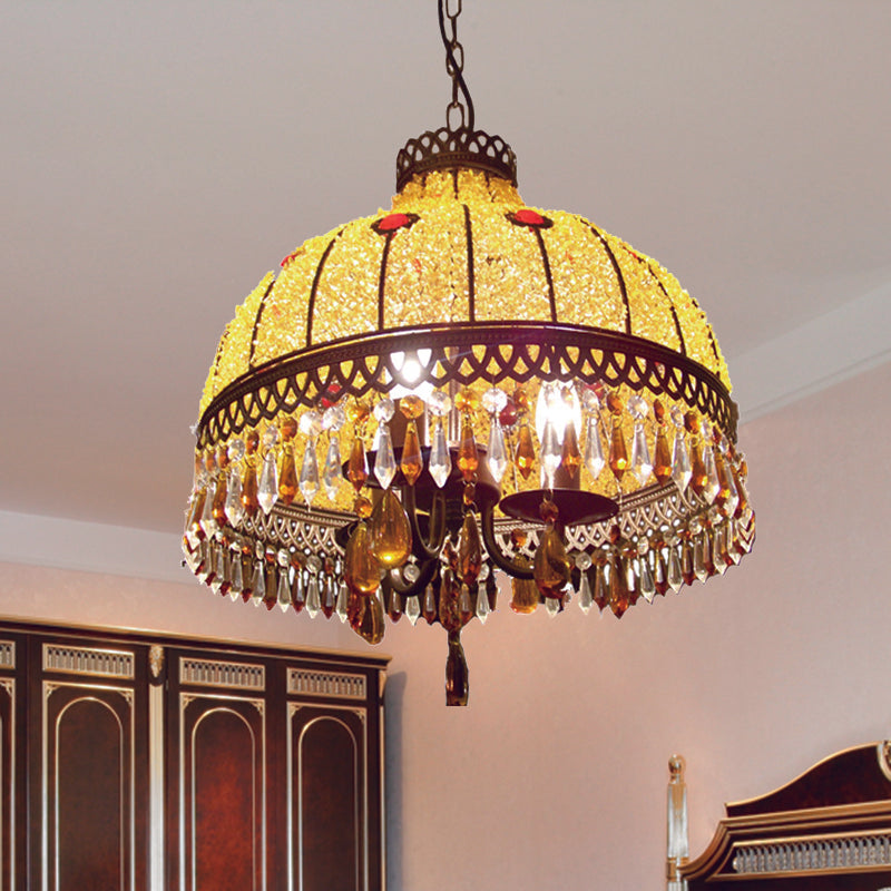Yellow 3 Lights Hanging Chandelier Southeast Asian Style Crystal Drop Dome Ceiling Light
