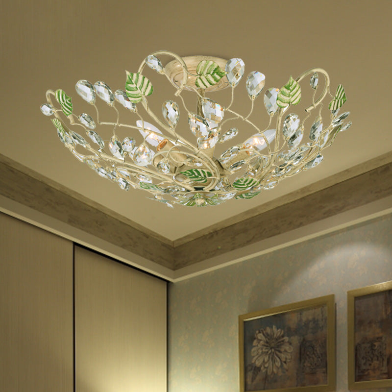 Crystal foglia a foglia semi -filo della lampada a montaggio 6 luci soggiorno soffitto in oro