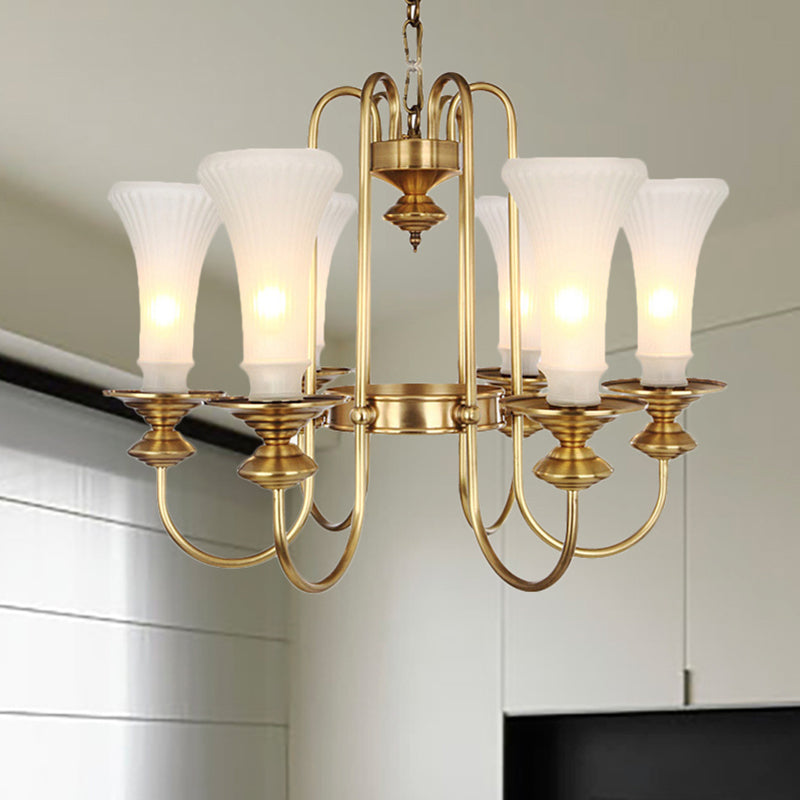 Lámpara de lámpara de lámpara de forma floral dorada vidrio blanco colonial 3/6/8 cabezas salón de estar lámpara de colgar kit