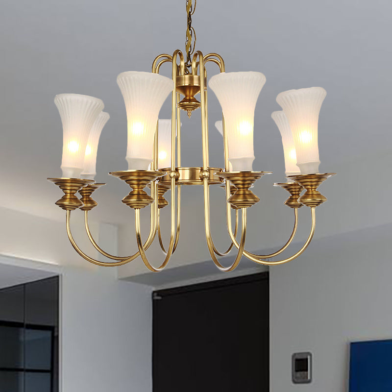 Lámpara de lámpara de lámpara de forma floral dorada vidrio blanco colonial 3/6/8 cabezas salón de estar lámpara de colgar kit