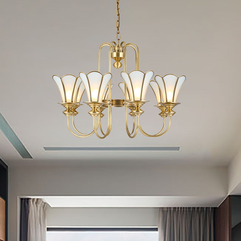 8 luci soffitto del lampadario colonialismo fiore bianco glassata in vetro a sospensione in oro con braccio curvo