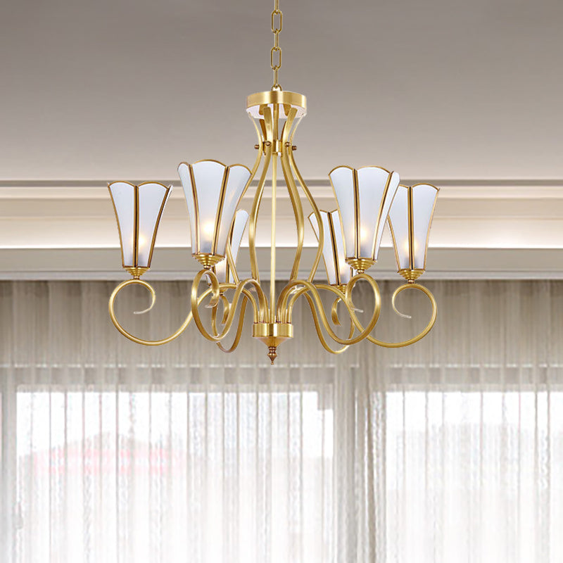 Finitura oro 6 luci lampadario coloniale glassati in vetro a forma di fiori a forma di piena a forma di braccio vorticoso con braccio vorticoso