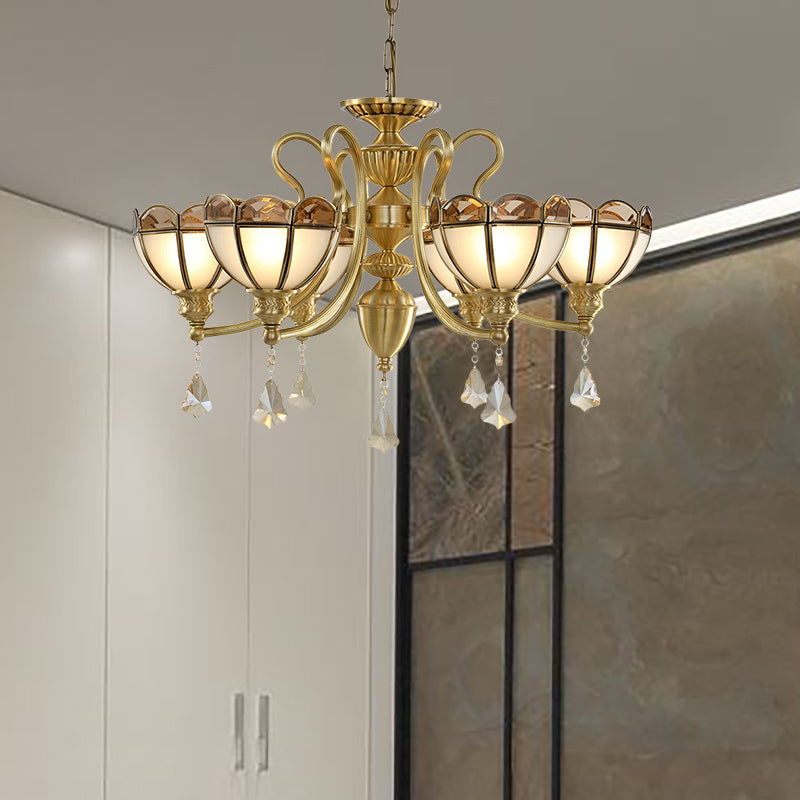 Ciotola smerigliata in vetro a sospensione a sospensione coloniale 6 lampadine soggiorno illuminazione lampadario in oro