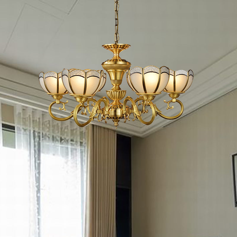 6 luci lampadario lampada a ciondolo a sospensione coloniale sospensione soffitto in oro con ciotola glassata in vetro