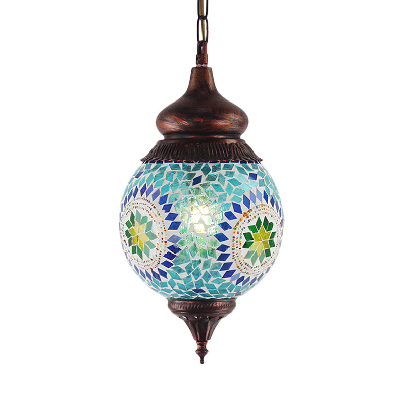 1 Light Spherical Pendant Light Fixture Moroccan Blue Metal Hanging Lamp Kit for Dining Room