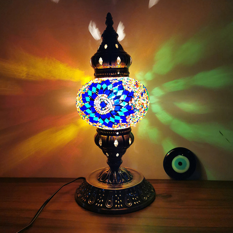 Stained Glass Bronze Night Light Sphere 1 Light Moroccan Style Table Lamp with Metal Base