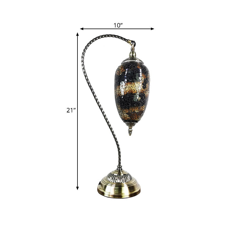 Lámpara de mesa de luz única, luz de vidrio elíptico de vidrio elíptico en bronce con brazo curvo