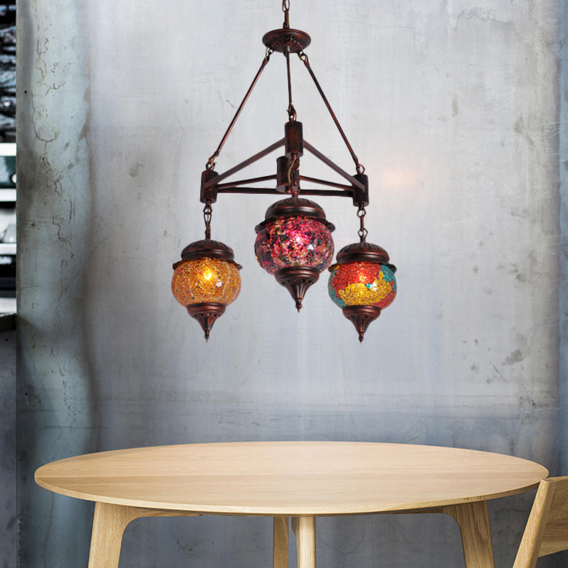 Globe Living Room Hanging Chandelier Moroccan Stained Glass 3 Lights Weathered Copper Pendant Lamp