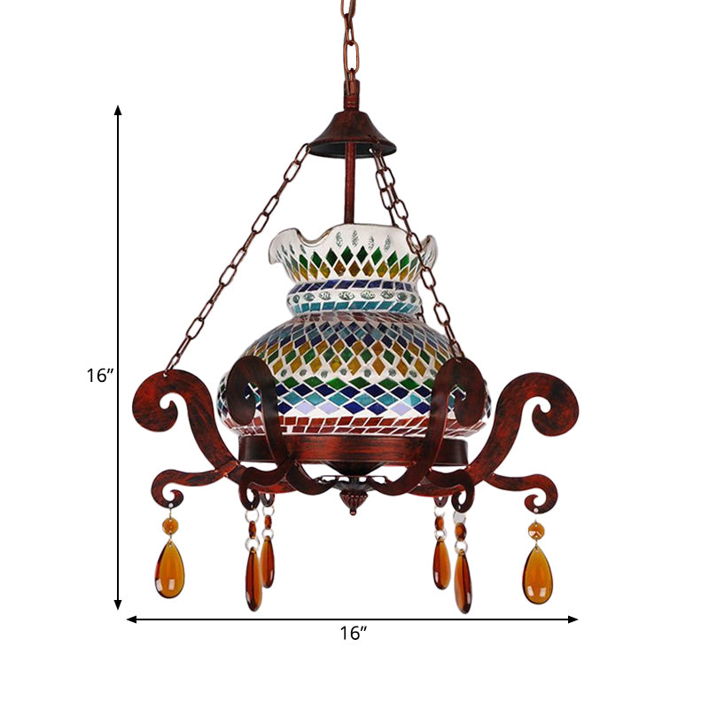 Stained Glass Weathered Copper Pendant Vase 1 Light Moroccan Style Hanging Light Kit