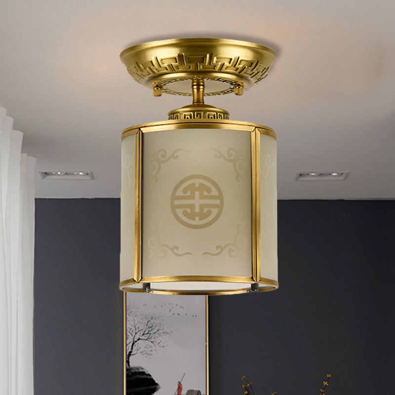 1 Light Semi Flush Mount Classic Cylinder Metal Ceiling Fixture in Brass for Corridor