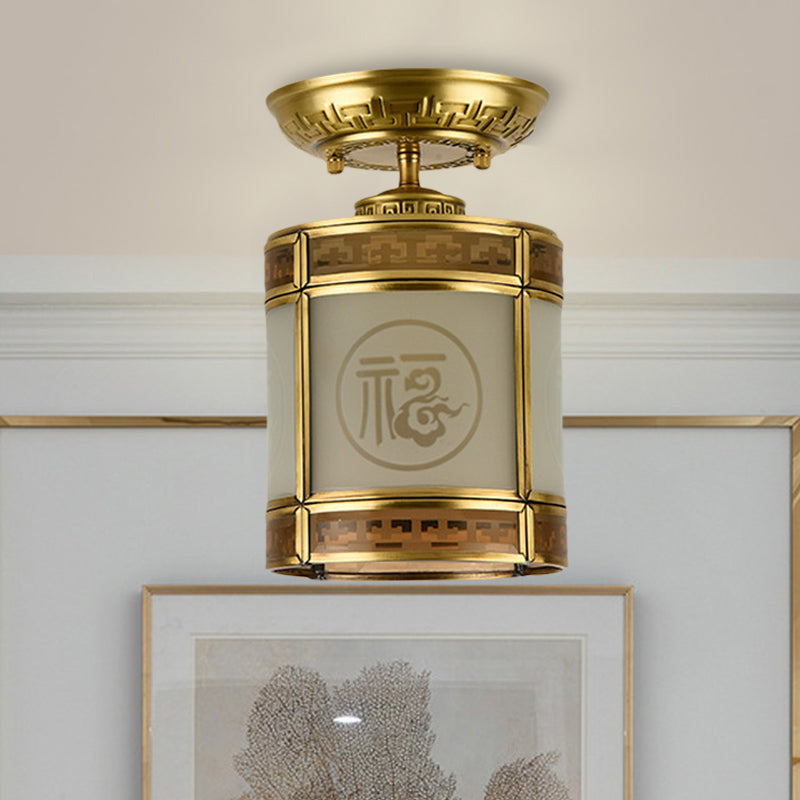 1 Light Semi Flush Mount Classic Cylinder Metal Ceiling Fixture in Brass for Corridor