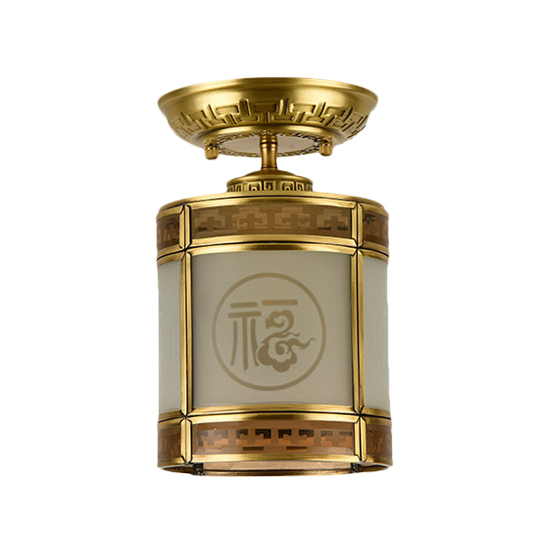 1 Light Semi Flush Mount Classic Cylinder Metal Ceiling Fixture in Brass for Corridor