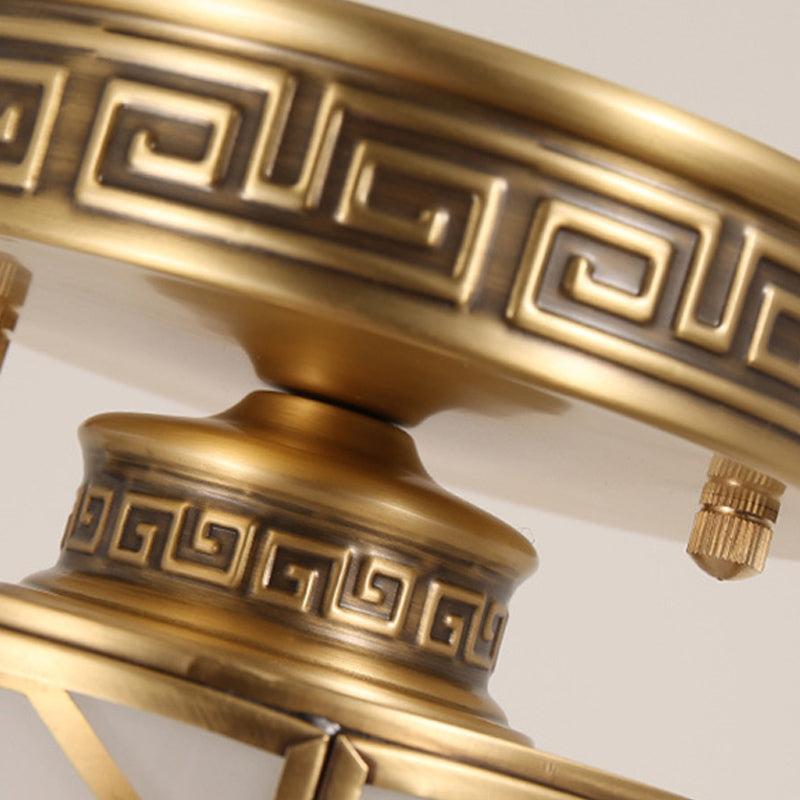 Brass 1 Light Semi Flush Traditional Style Frosted Glass Cylinder Ceiling Light Fixture with Metal Frame