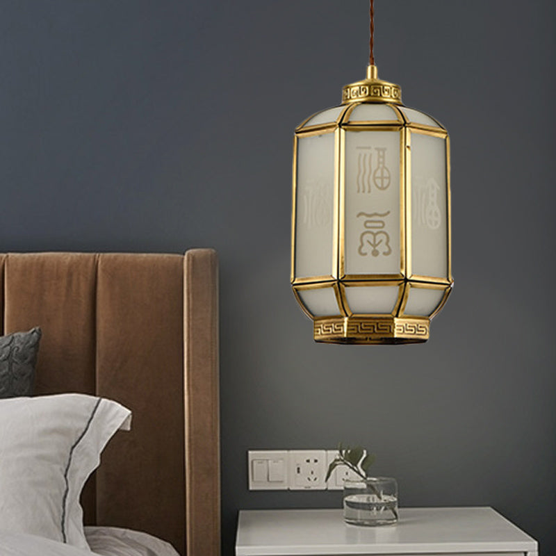Lantern Corridor Drop Pendant Classic Metal 1 Light Brass Hanging Lamp with Frosted Glass Shade