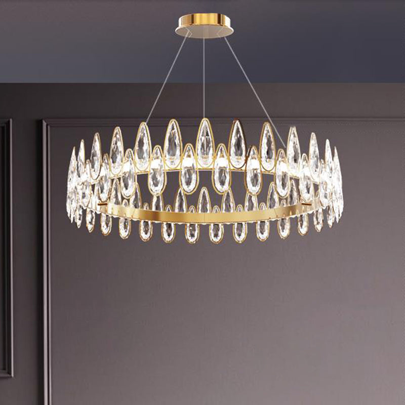 Gold Ring Ceiling Pendant Light Simple Style Teardrop Crystal Living Room LED Hanging Chandelier