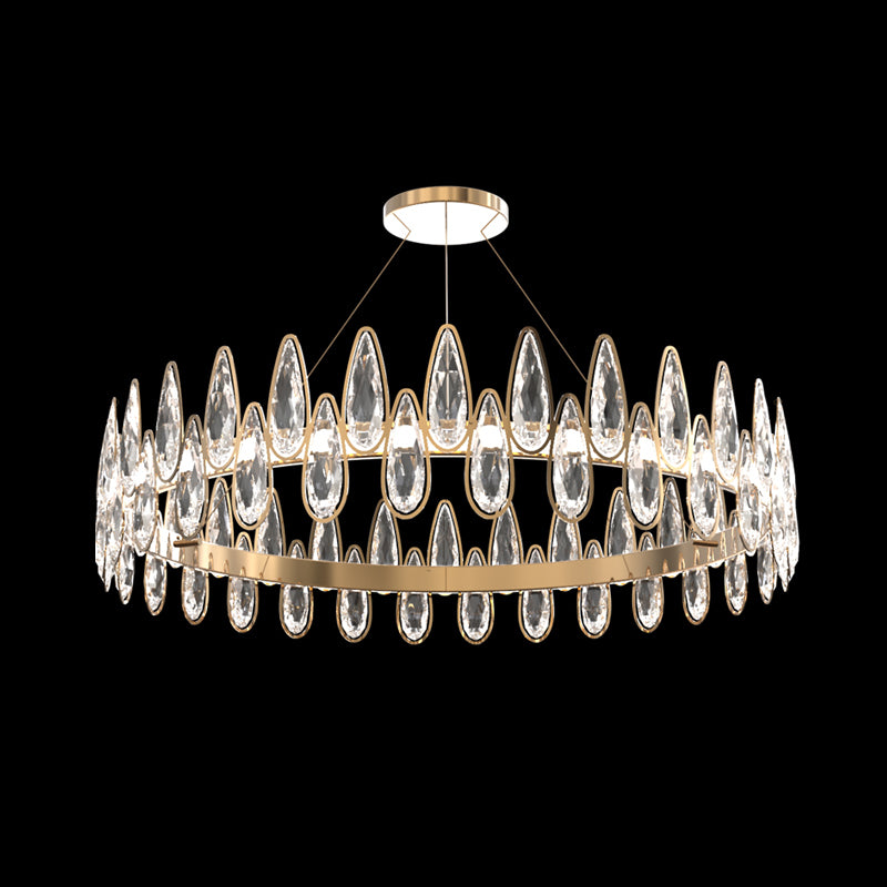 Gold Ring Ceiling Pendant Light Simple Style Teardrop Crystal Living Room LED Hanging Chandelier