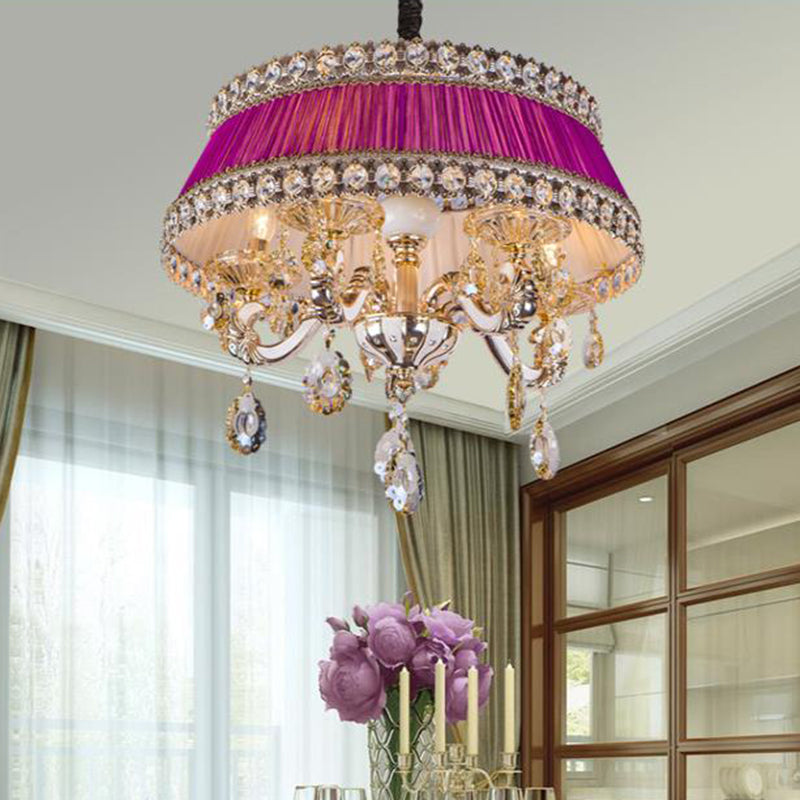 Lampe de plafond de gré de style en cristal contemporain 5 têtes de salon éclairage de lustre en bleu / violet avec de l'ombre en tissu