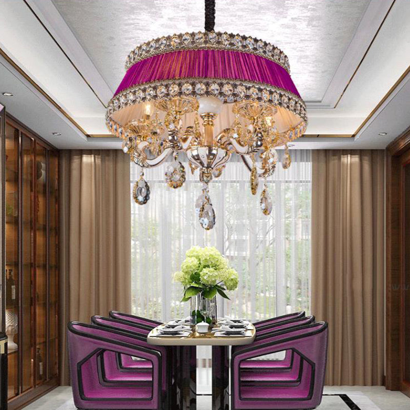 Lampe de plafond de gré de style en cristal contemporain 5 têtes de salon éclairage de lustre en bleu / violet avec de l'ombre en tissu
