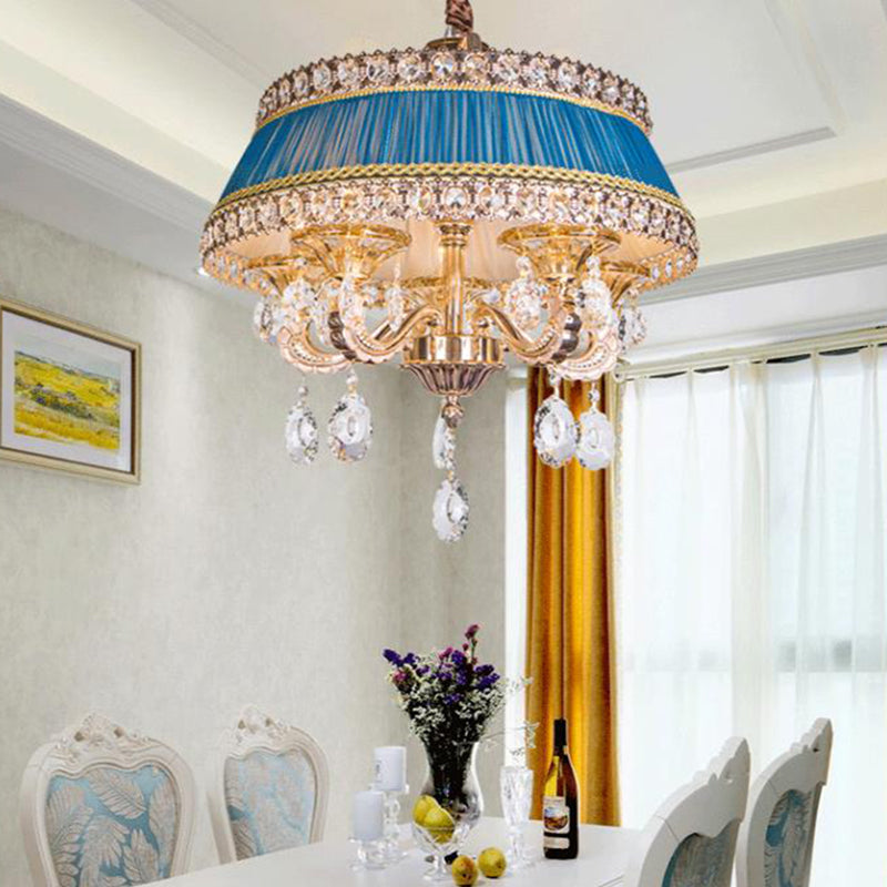 Lampe de plafond de gré de style en cristal contemporain 5 têtes de salon éclairage de lustre en bleu / violet avec de l'ombre en tissu