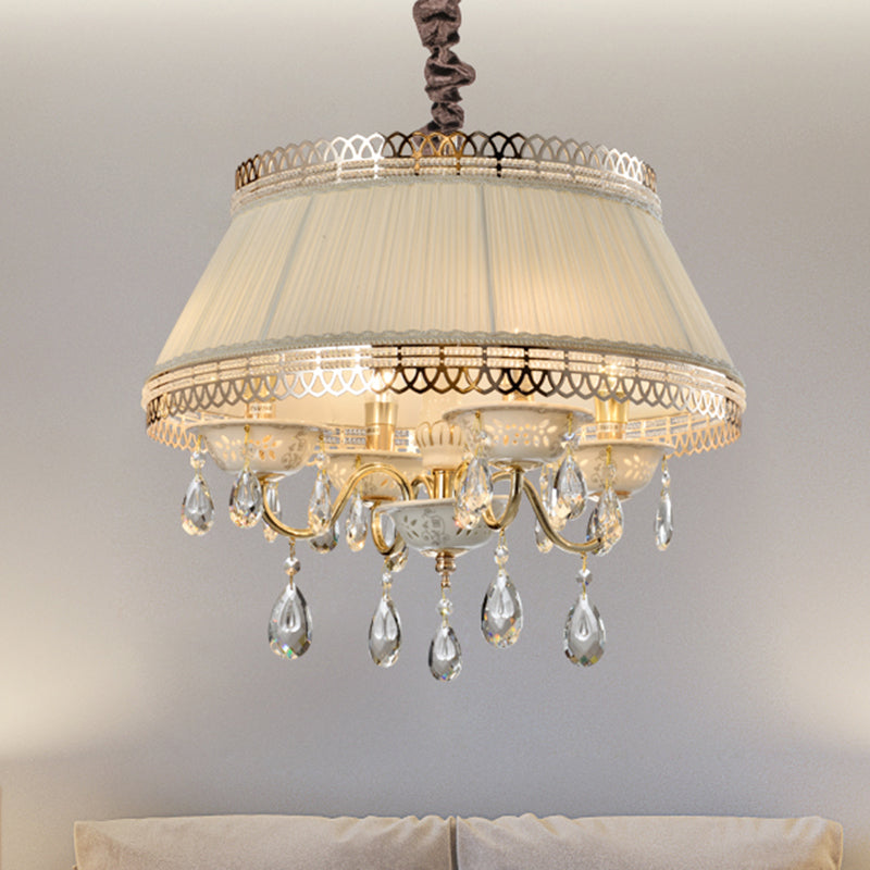 Empire Shape Fabric Light Chandelier Contemporary 4 Heads Bedroom Pendant plafond Light en gris / beige avec goutte de cristal