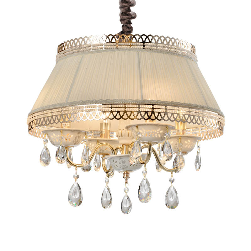 Empire Shape Fabric Light Chandelier Contemporary 4 Heads Bedroom Pendant plafond Light en gris / beige avec goutte de cristal