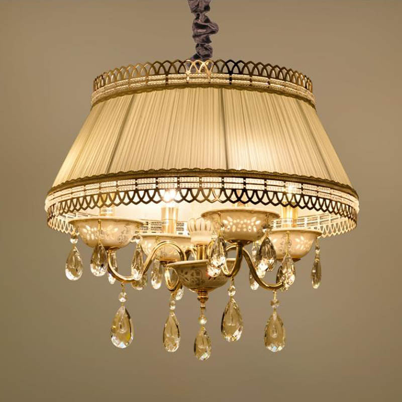 Empire Shape Fabric Light Chandelier Contemporary 4 Heads Bedroom Pendant plafond Light en gris / beige avec goutte de cristal
