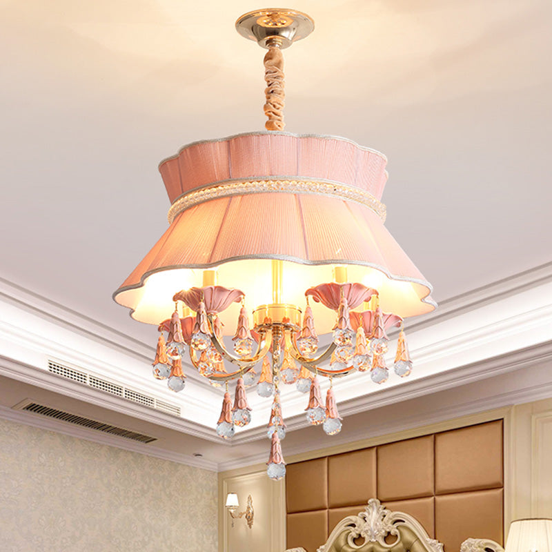 Kit d'éclairage de candélabre moderne 5 têtes de crêpe en cristal goudron en bleu / rose avec de l'ombre en tissu