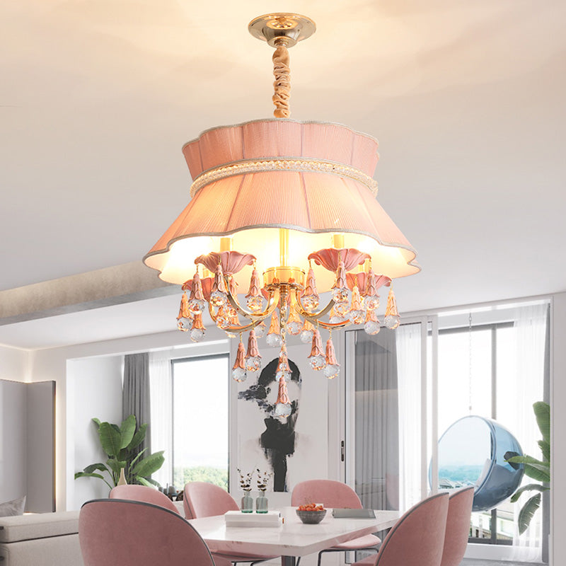 Kit d'éclairage de candélabre moderne 5 têtes de crêpe en cristal goudron en bleu / rose avec de l'ombre en tissu